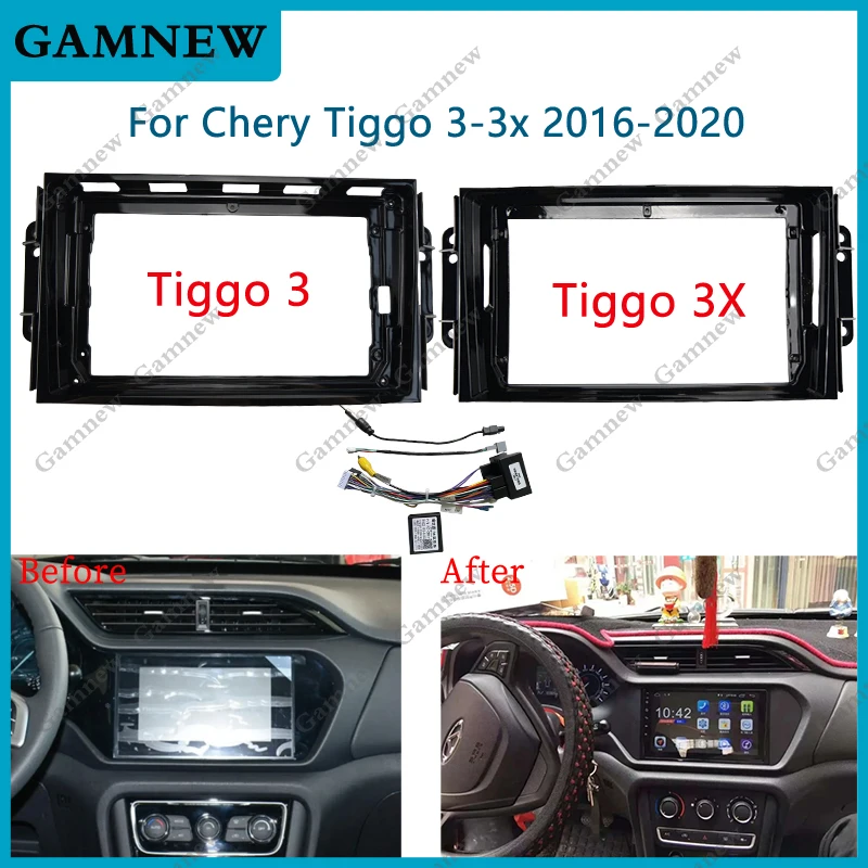 Marco de fascias de Radio de coche de 9 pulgadas para Chery Tiggo 3X Tiggo 3 2016-2020 2DIN Panel estéreo arnés de cableado Cable de alimentación decodificador Canbus