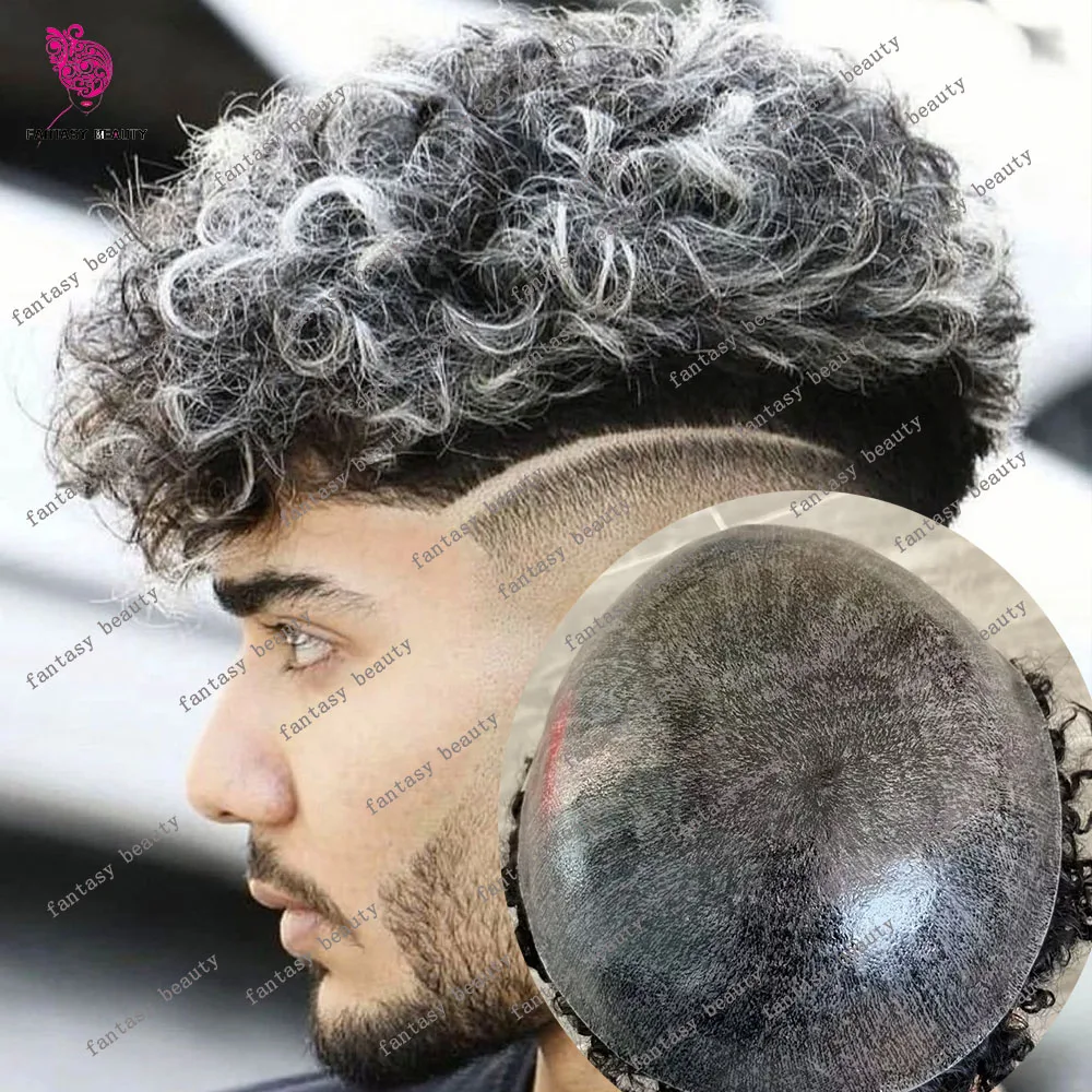 

Black Brown Gray 1B801B40 Men Human Hair 20mm Curly Thin Skin Durable Natural Hairline Toupee Fashion Male Full PU Capillary Wig