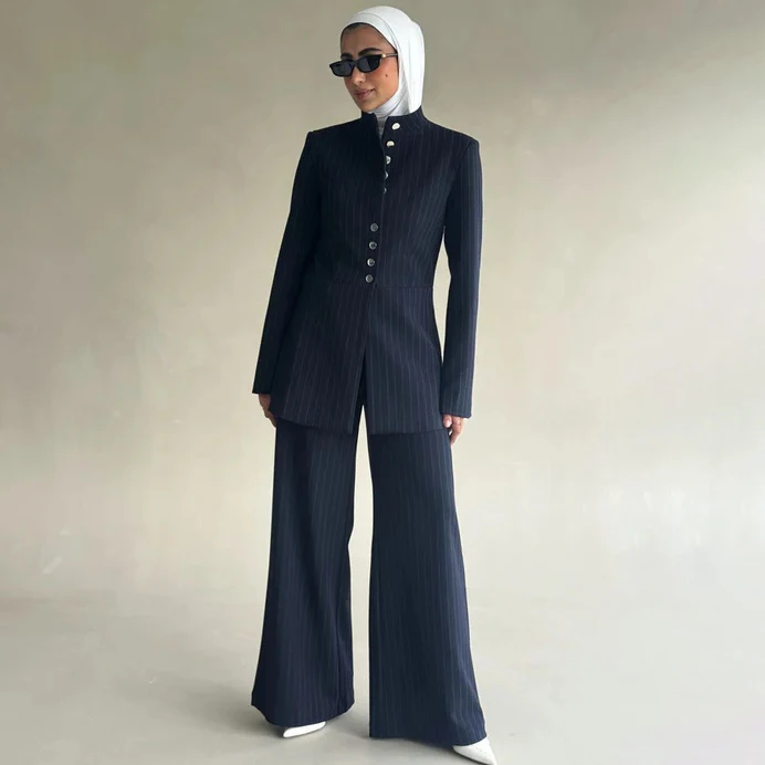 VTKW 2026 New Arrival Women Navy Blue Pinstripe Mandarin Collar Single Breasted Blazer Pockets Wide Leg Pants Set Office Casual
