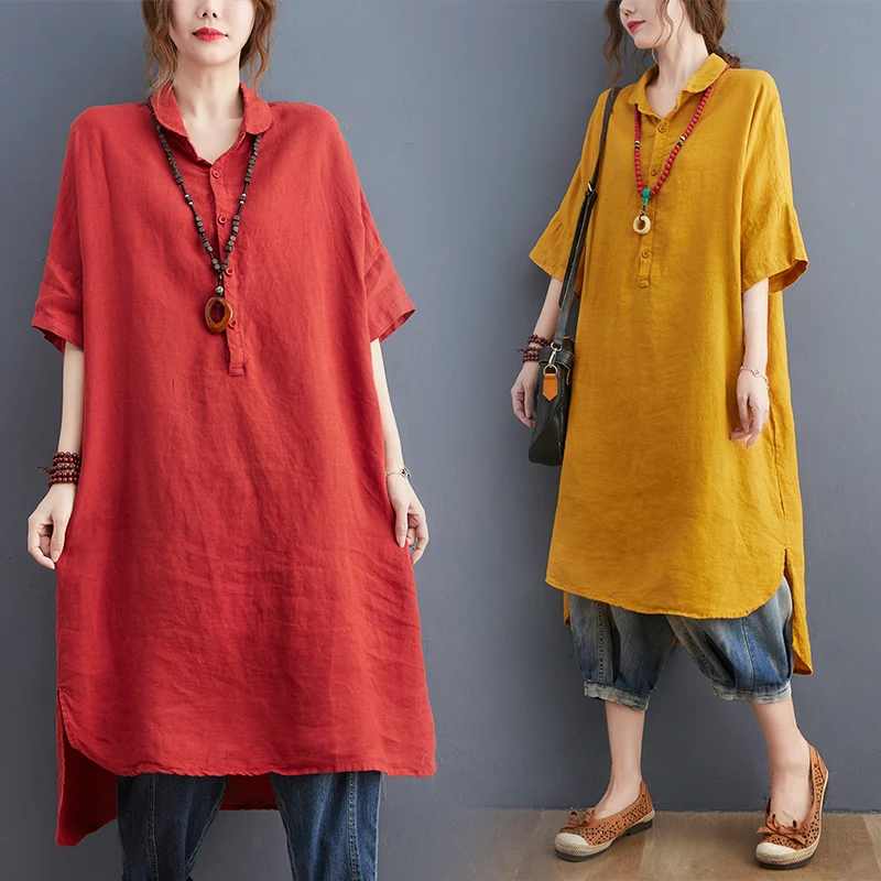 

Ретро Художественный Чистый Цвет Льняной Миди irt Женский Летний Свободный Five Sve f Открытый Воротник Dr Casual Commute Sle