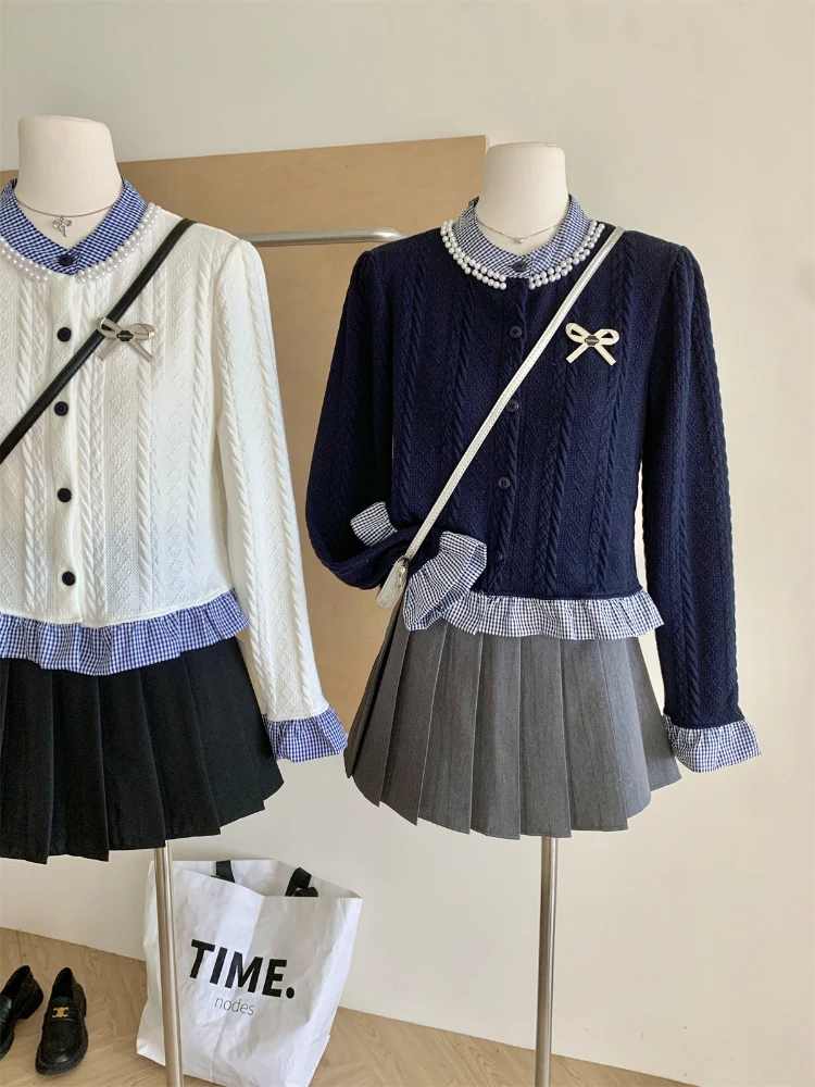 الحلو Preppy أعلى المرأة الخريف الشتاء القوس وهمية قطعتين اللون كتلة متماسكة سترة التلبيب زر تصميم الرجعية شيك أنيق الزي