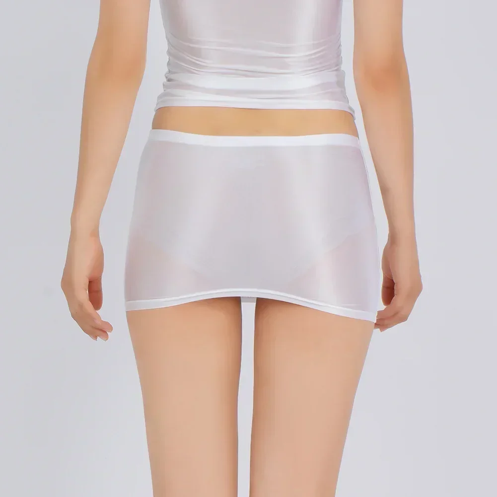 

Sexy Lingerie Women Oily Shiny Silky Sheer Butt-Covering Mini Skirt Ladies Large Size Breathable Underwear Solid Fit Short Skirt