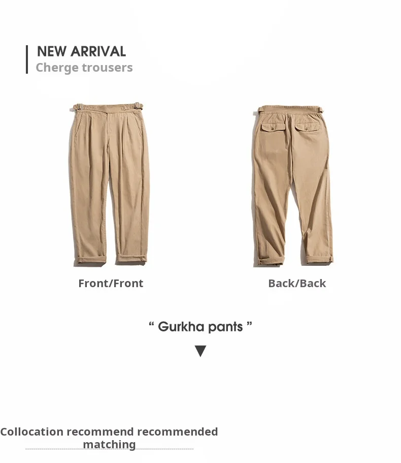 Maden Vintage Khaki Gurkha Hose, verstellbar, hohe Taille, lässige Cargo-Arbeitshose, klassische gerade Hose für Herren, Frühling und Herbst – Detail 12