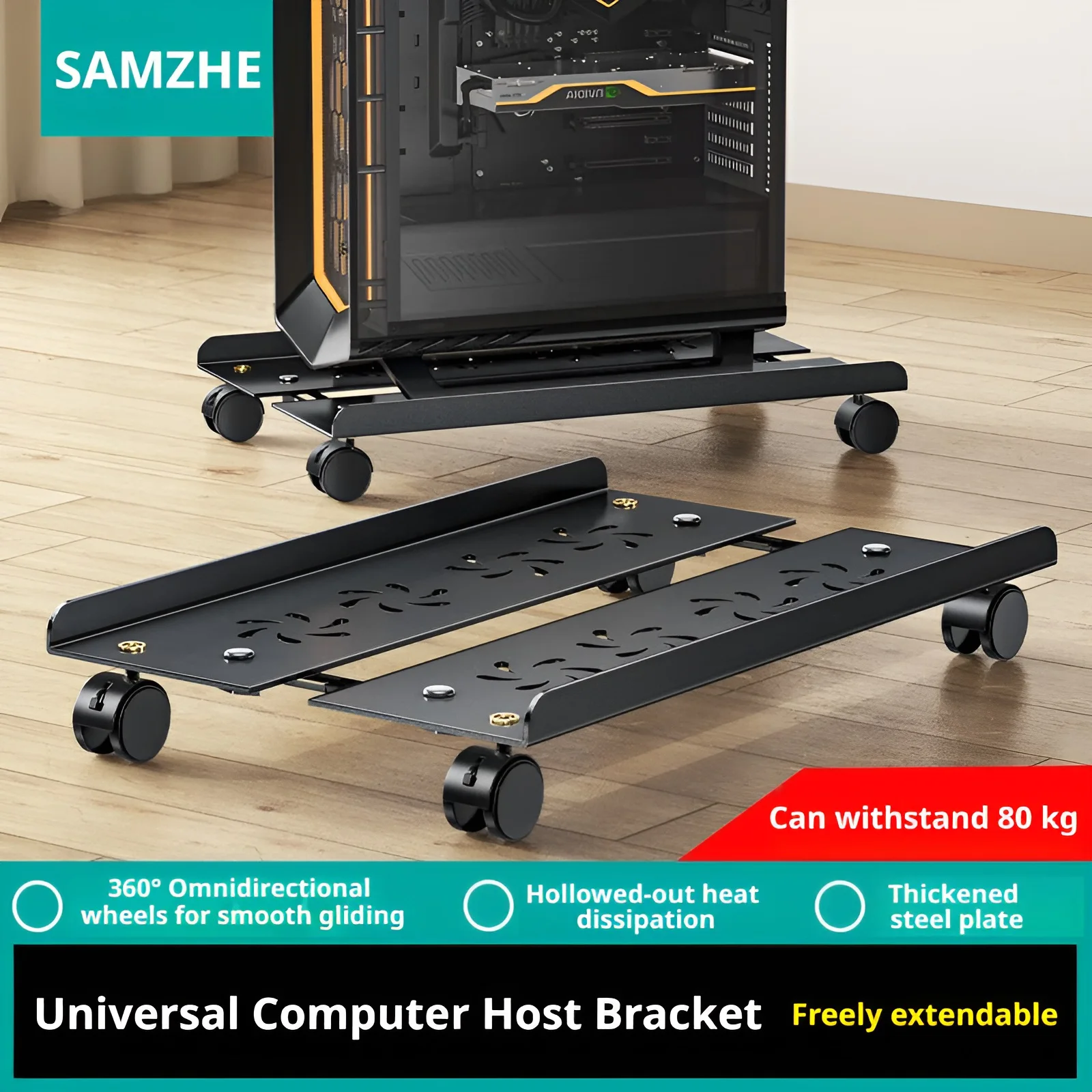 SAMZHE Adjustable Mobile PC Tower Stand with Wheels Under Desk CPU Holder Stable Mobile Computer Host Stand for Home Office