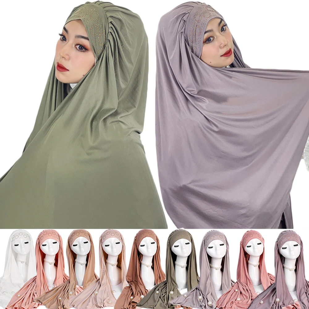 Muslim Hijab 12 Colors Ethnic Headscarf High Quality Brushed Solid Color Women's Malay Headscarf Ring Studded Diamond Cover Cap