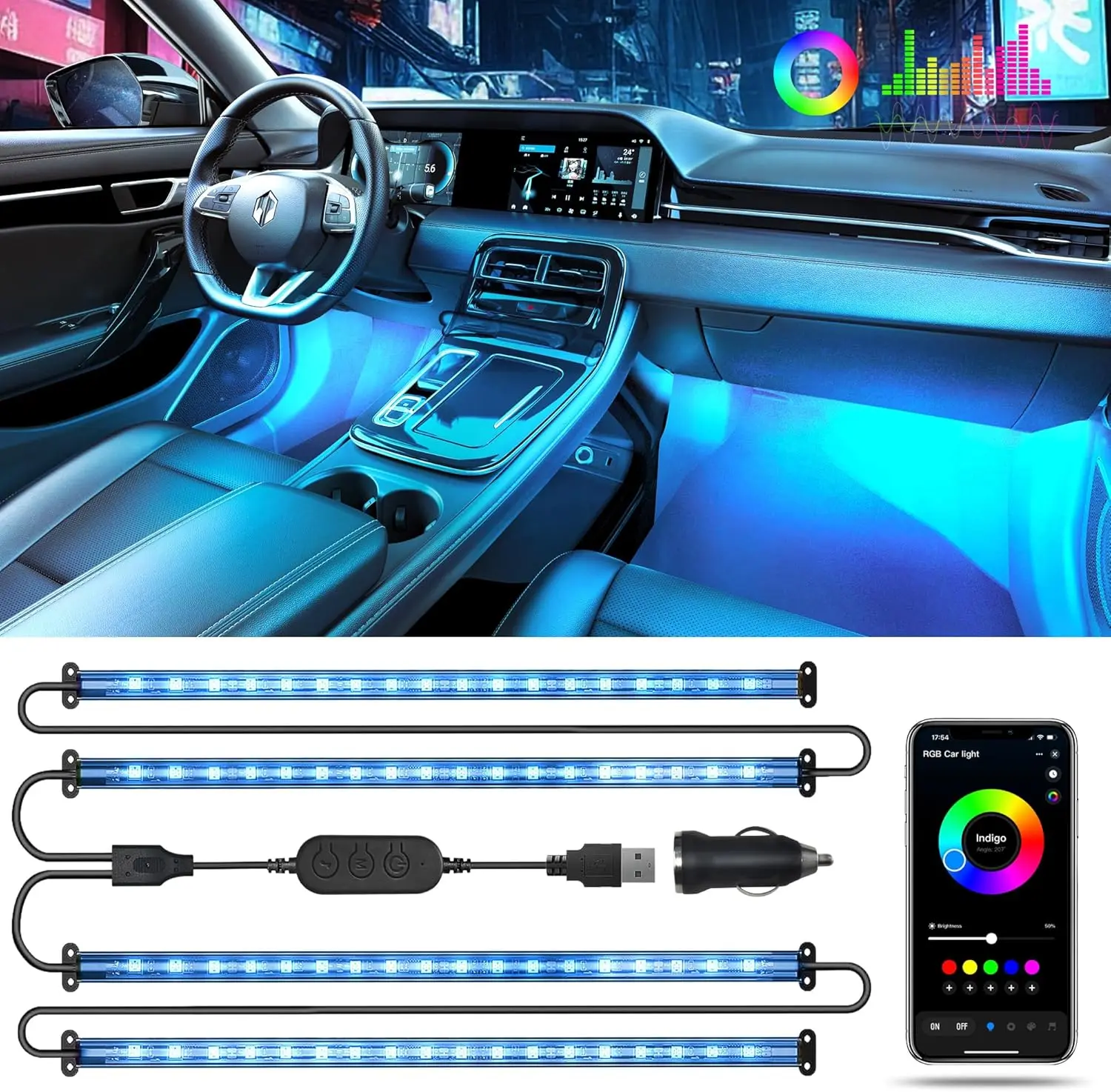 

RGB 48 LED Car Interior Lights, APP Control, Music Sync, DIY Mode, 2 Lines Design, Ambient Lighting for Cars, SUVs, Trucks