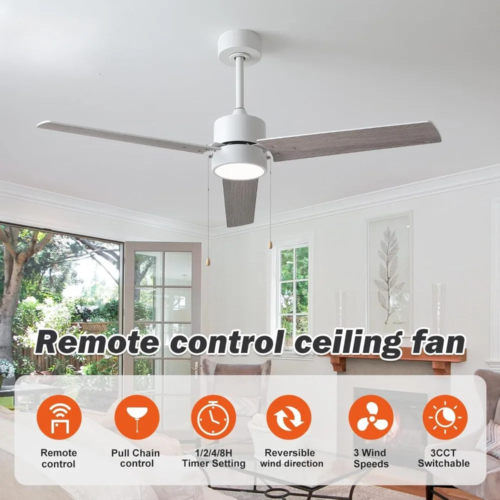 52 Inch Ceiling Fans with Lights and Remote, Pull Chain 3CCT Reversible Wood Fan for Farmhouse Bedroom Living Room Kitchen