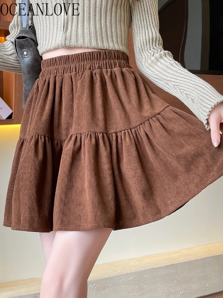 

OCEANLOVE вельветовые юбки женские трапециевидной формы осень-зима однотонная милая мини-юбка корейская мода с высокой талией элегантная Ropa De Mujer