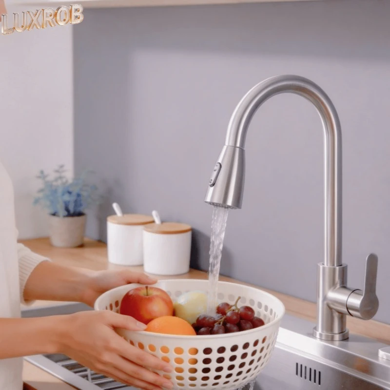 

Stainless Steel Kitchen Faucet Single Hole Pull Out Cold Hot Water Sink Mixer Tap 360° Swivel Spout Lightweight Design