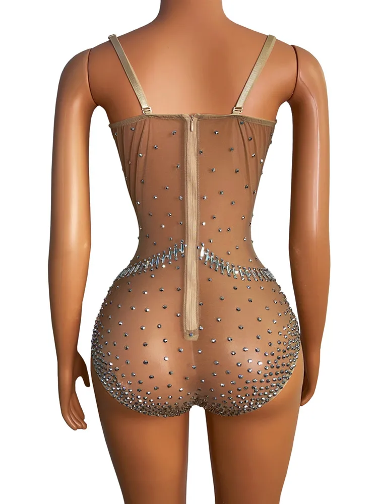 Nude Mesh Nightclub Outfit Shining Crystals Transparent See Through Leotard Dance Performance Bodysuit Costume Singer Clothes