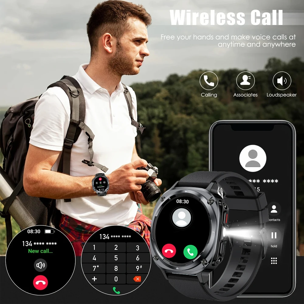 DAORKOW2025 신형 남성용 스마트워치, IPX8 방수, LED 조명, 블루투스 통화, 심박수, 수면 모니터링, 스포츠 스마트워치