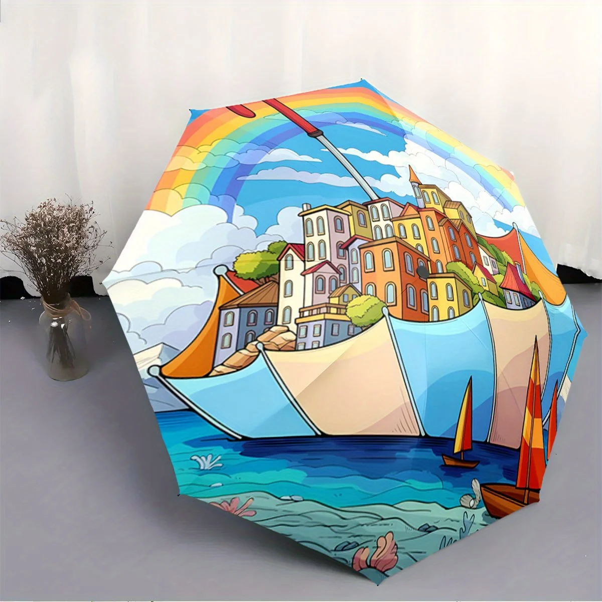 Automatischer Öffnungs-/Schließ-Klappschirm mit winddichtem 8-Rippen-Design und farbwechselndem Regenschirm für Boote und Segelboote/Regenbogenmuster –
