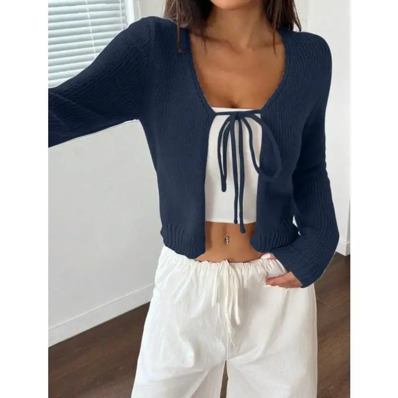 カジュアルなニットウェア カラー ロングスリーブ フロントブルーカーディガン 無地 シワ防止襟 ナインポイントスリーブ クールマックスファイバー