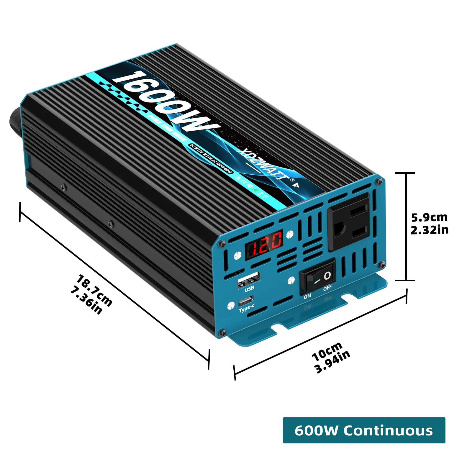 1600 واط الذروة عاكس الطاقة موجة جيبية نقية 600 واط المستمر تيار مستمر 12 فولت إلى التيار المتناوب 120 فولت مع USB نوع-C شاشة LED للمركبات RV الشمسية