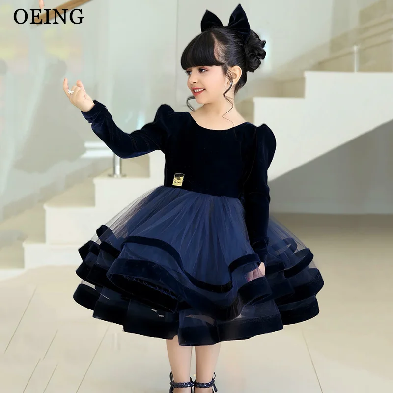 

Ретро-платье принцессы OEING темно-синего цвета, А-силуэт, многоярусное, с круглым вырезом, с длинными рукавами, для дня рождения, для девочек, платье подружки невесты, на заказ