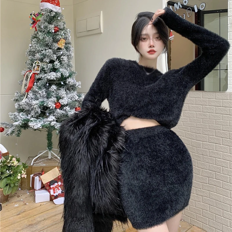 Women  Spring  Mini Furry Skirt Faldas Mujer Moda Slim Sexy High Waist Wrap Hip Black  Bottom Wild Woolen Elegant Korean