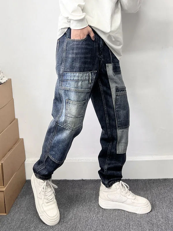 

Высококачественные лоскутные мужские джинсы, осенне-зимние брюки с несколькими карманами и нашивками, оригинальные прямые брюки для молодежи