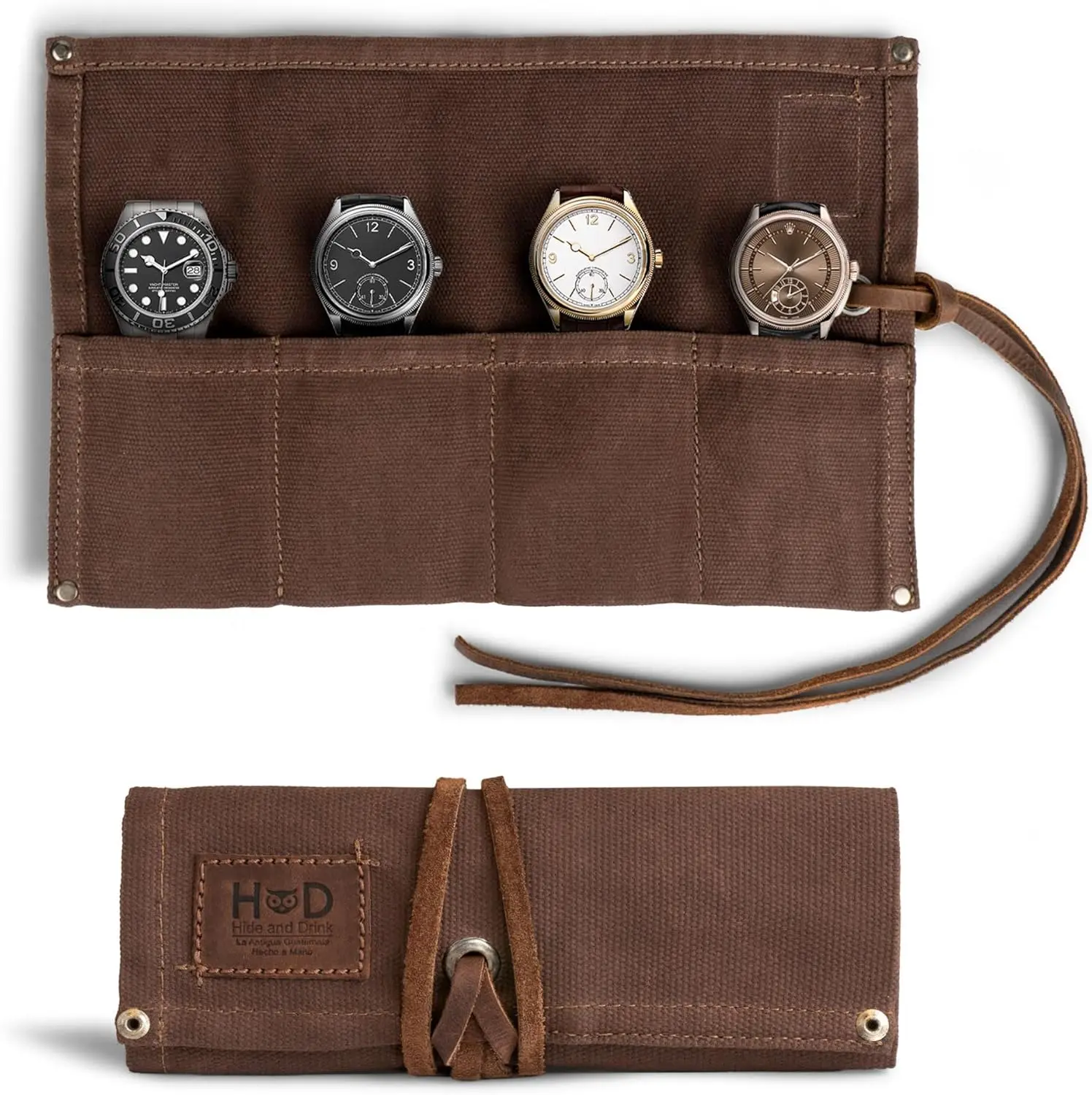 

Waterproof Waxed Canvas Travel Watch Roll Organizer with 4 Slots, Handmade Watch Case for Men Women, Easy Carry On Storage