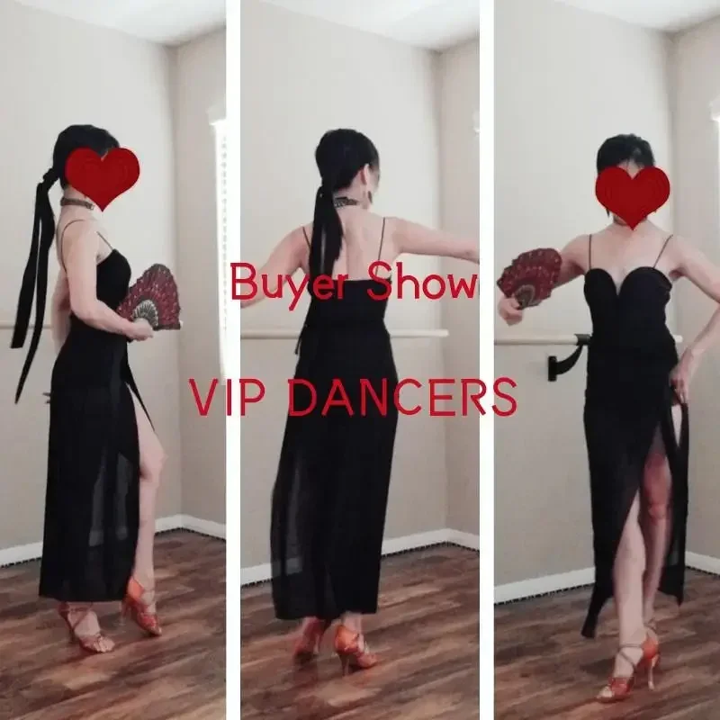 Vestido de baile latino con cordones para mujer, ropa de práctica de rendimiento latino, malla negra, competición de baile latino