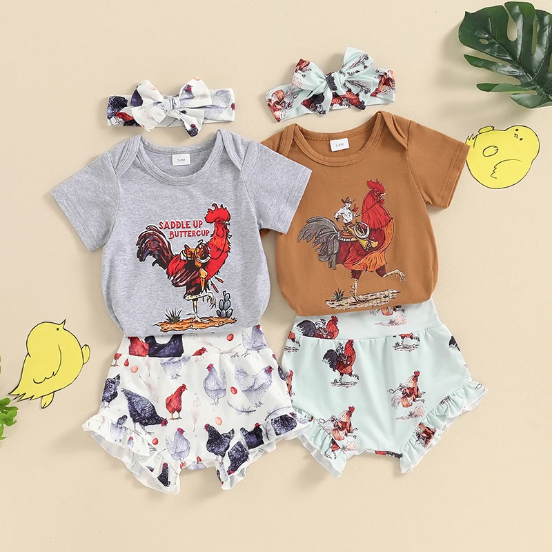 

2024-03-19 Lioraitiin Baby Girl Farm Clothes Set Short Sleeve Romper with Hen Print Ruffled Shorts and Headband