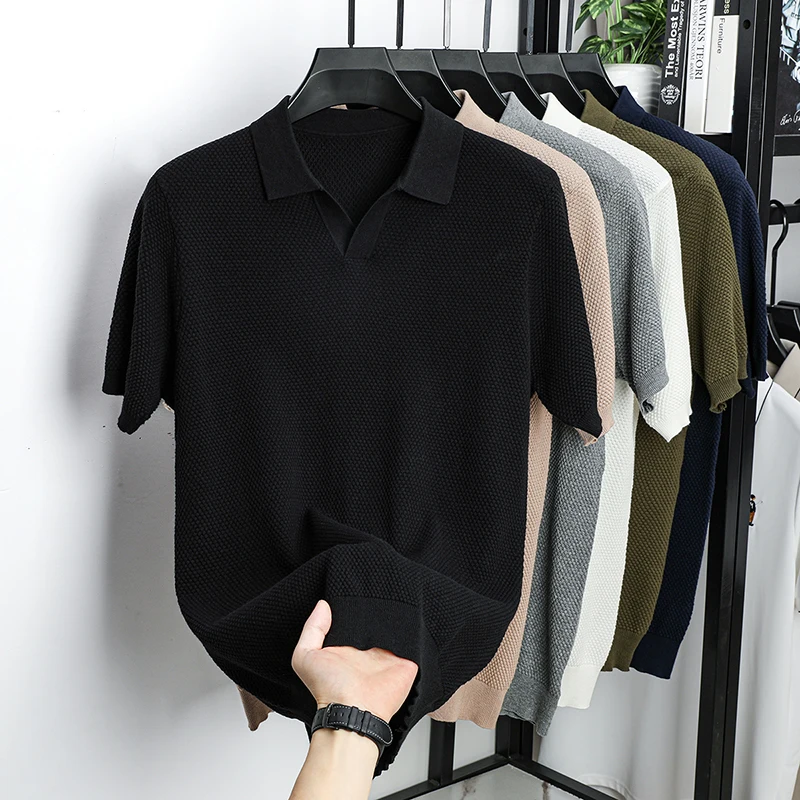 100 Baumwolle High-End-Marke männer Revers Kurzarm T-Shirt Sommer Neue Einfarbig Kleine V-ausschnitt Mode Business freizeit Männer derbekleidung – Detail 11