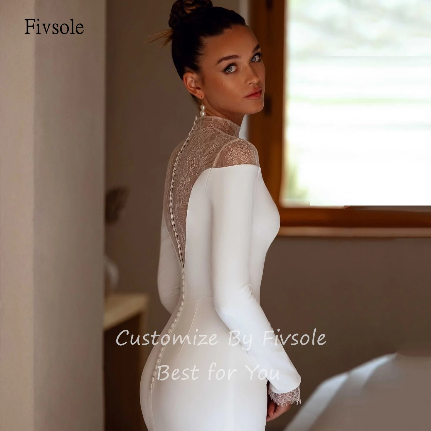 

Fivsole Modern Lace High Neck Mermaid Wedding Dress Long Sleeves Bride Dresses Floor Length Wedding Gowns Customized