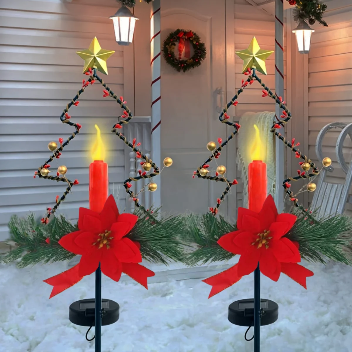 Outdoor Solar Light Christmas Decorations, Garden Solar Christmas Tree Stump Light, Christmas Outdoor Solar Decorative Candles Christmas Lights Gold Paste Fruit Pine Wood Needle Decorative Garden Stakes, for Yard Lawn Patio Porch Home Decor