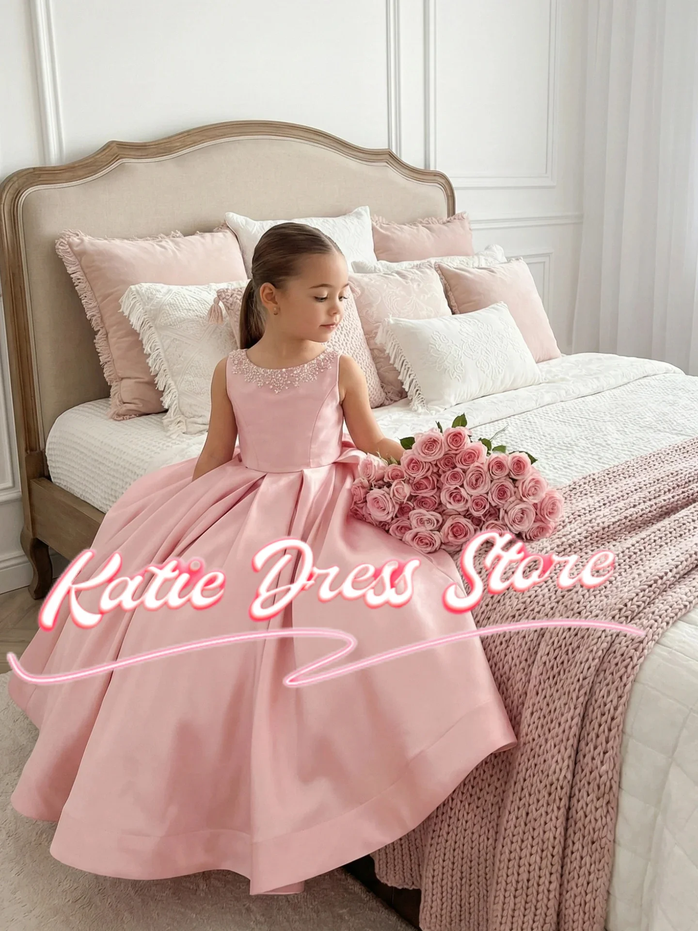 robe-a-fleurs-roses-pour-filles-en-satin-avec-perles-sans-manches-avec-nœud-pour-fete-d'anniversaire-premiere-communion-robes-de-bal-personnalisees