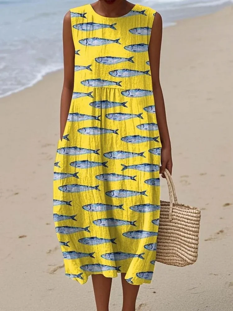 

Women's Lovely Fish Art Print Sleeveless Pocket Wrap Dress Plus Size O-Neck Vestidos Casual Loose Beach Girls Wear Midi Robes