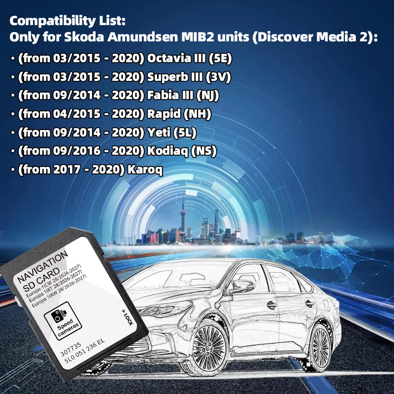 Europe UK Map GPS 5L0051236EL A1 2026-2027 for Skoda Octavia Superb Fabia Rapid Car Navigation Discover Media2 SD Card 32GB