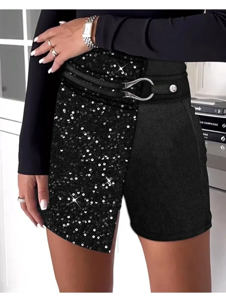 Fashion Women's Shorts Summer Solid Color High Waist Buckled Straight Short Pants Sequins Stitching Women Clothing Office Wear