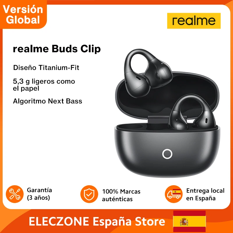 Version mondiale Écouteurs realme Buds Clip Conception Titanium-Fit 5,3 g Légers comme du papier Algorithme NextBass Traducteur Al Son puissant