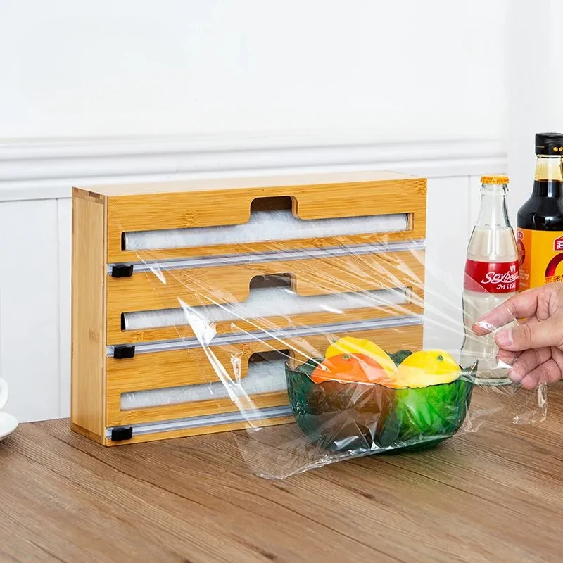 Bamboo Cling Film Cutter Tin Foil Plastic Wrap Cutter Multi-compartment Storage Box Kitchen Storage Accessories