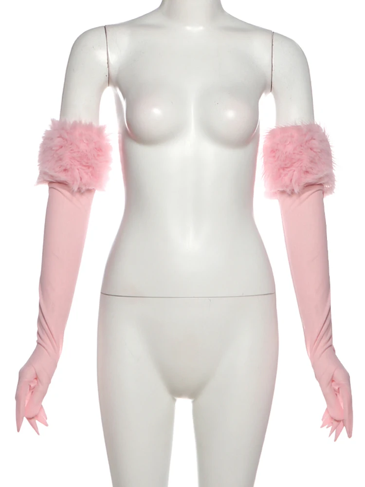 غريب سنور عيد الميلاد فروي حمالة القمم المرأة المرقعة مثير قفازات طويلة مطابقة عيد ميلاد فاخر كلاسيكي منتصف الليل كلوبوير #6