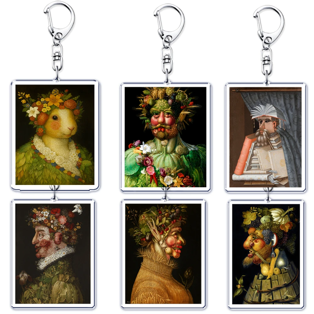 Vintage Giuseppe Arcimboldo Keychain for Accessories Renaissance Fruit Portrait Face Allegory Keyring Jewelry Fans Friends Gifts