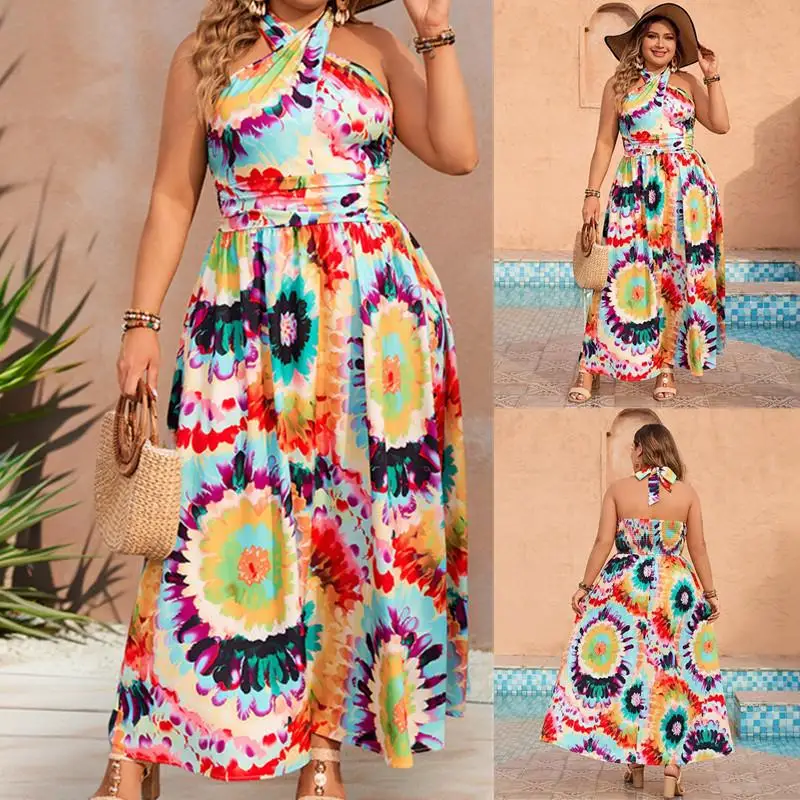 

plus Size Printed ter Svel Dr Women's Ele High Waist Maxi Summer Gown Svel Neline Polyester Fabric