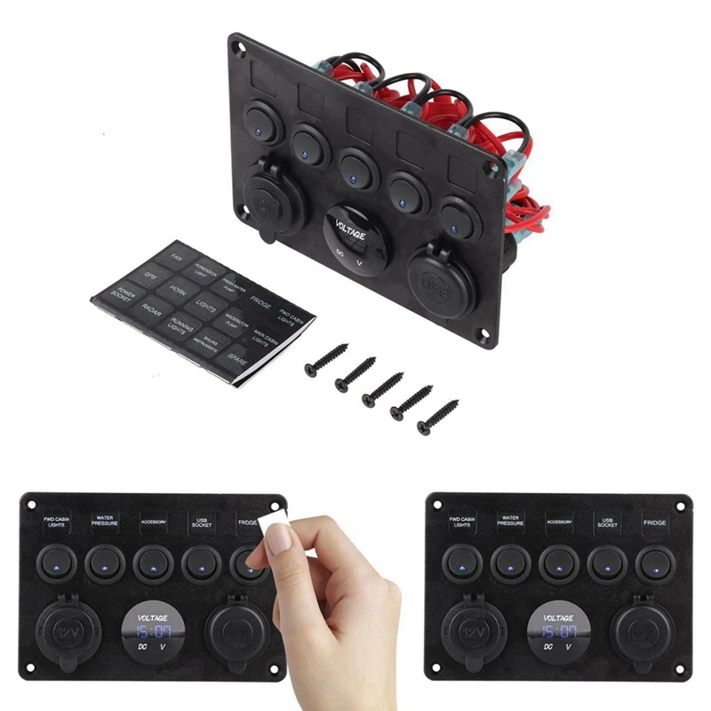 2X 5 Gang 12V/24V Inline-Fuse Box LED Switch Panel Dual USB Car Boat Truck Camper