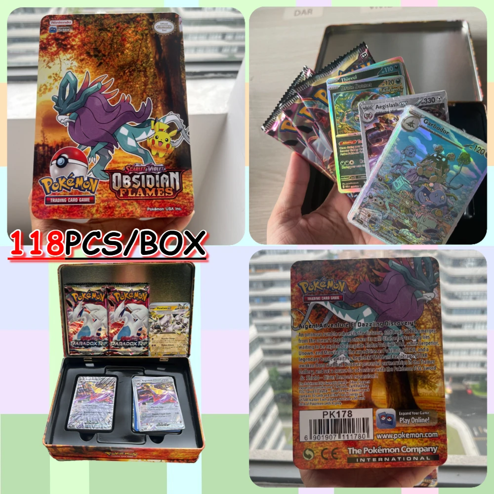 41/42/48/118 Uds nueva caja de Metal juguetes de batalla de Pokémon de hierro caja de Pokemons de origen perdido con juego de Pikachu cartas bancarias de Anime para niños