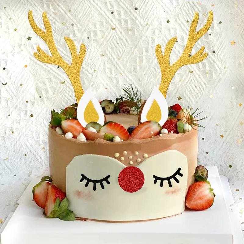 1Set Christmas Reindeer Cake Decoration Elk Antler Cake Topper with Cute Eyelashes Nose Cupcake Wrapper Xmas Noel Party Supplies