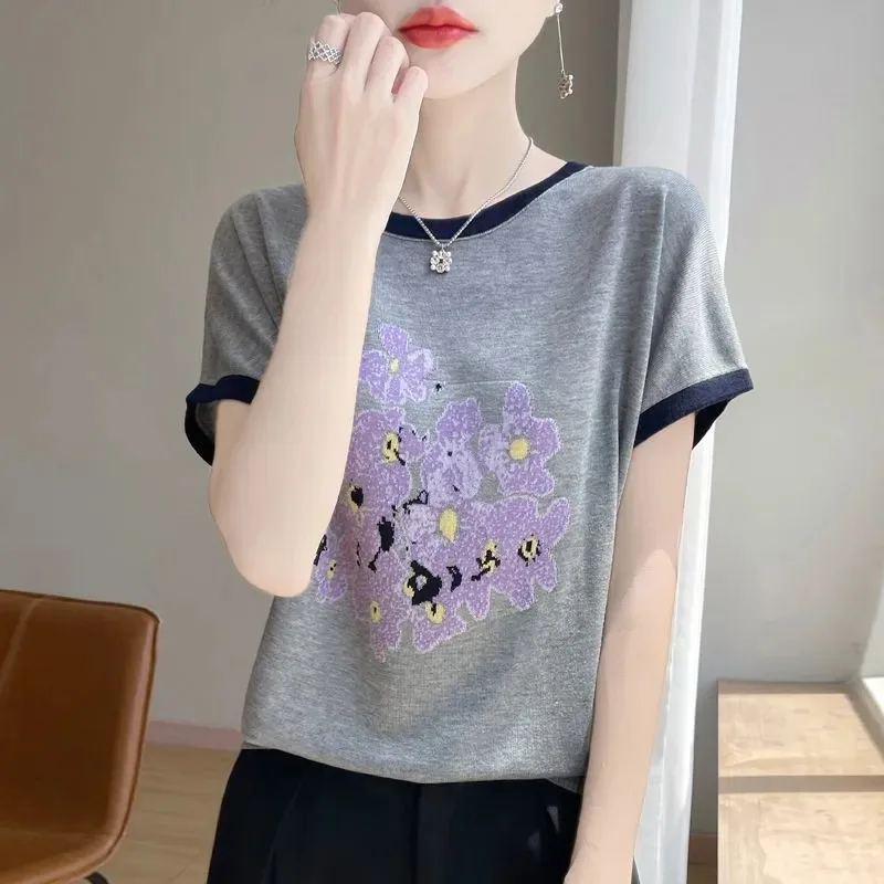 Women's Purple Floral Jacquard T-Shirt Color Block Crew Neck Short Sleeve Summer Top