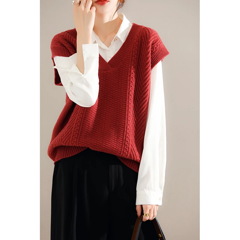 

100% Pure Woolen Sweater Women's V-neck Cashmere Vest Spring and Autumn Knitted Cuddle Sleeveless Outer Sweater