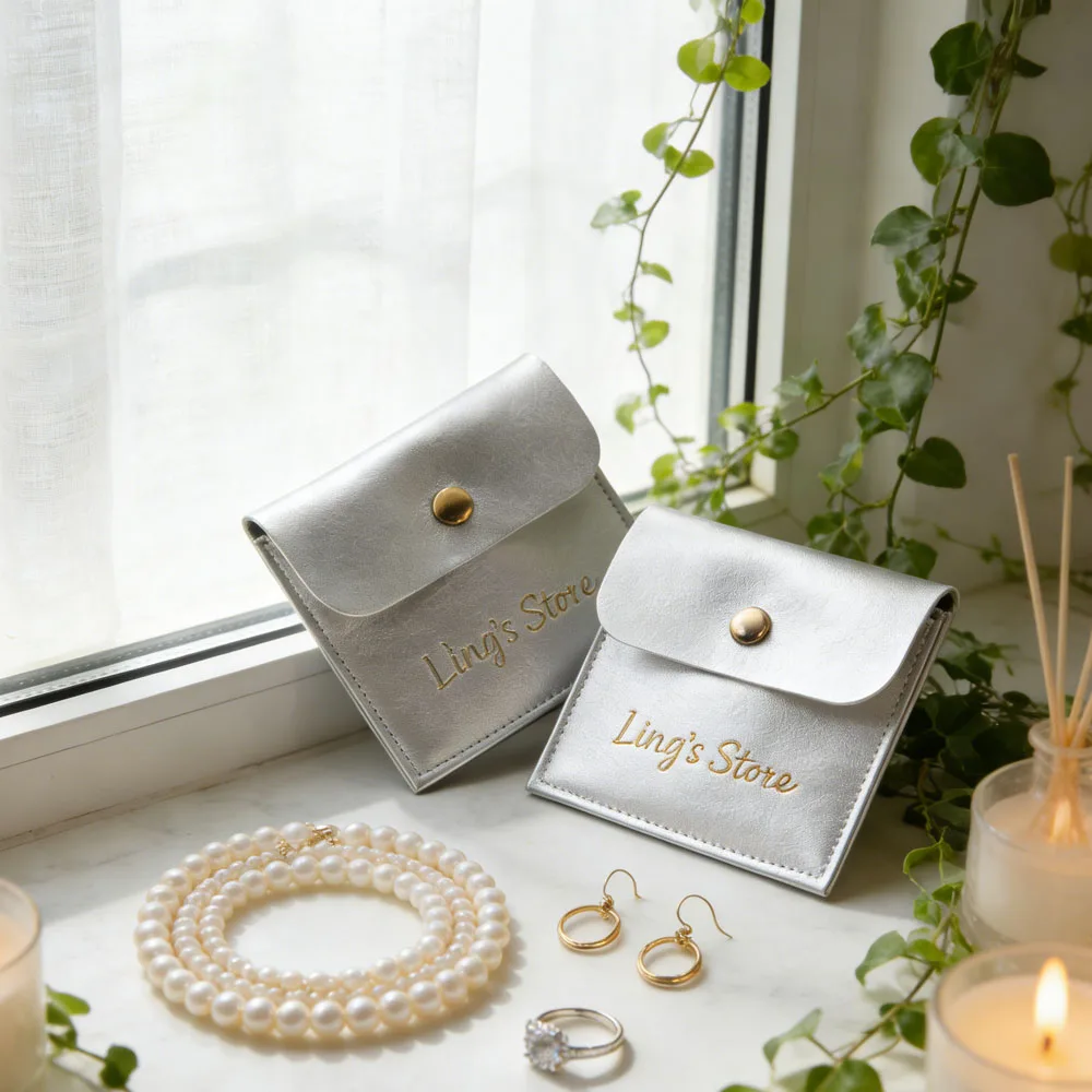 

Bulk 8 X 8 cm PU Silver Leather Jewelry Envelope Pouch Snap Pouch Flat Packaging Bag DIY Travel Jewellery Storage Dust Pouches