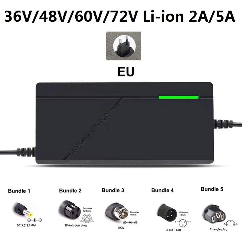 48V/60V/72V Charger 2A/5A Lithium-ion Battery Pack Charger 54.6V/67.2V/84V Intelligent Fast Charging EU Plug With Cooling Fan