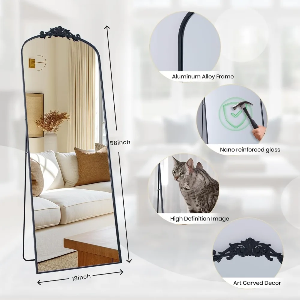 Vintage sierlijke gesneden vrijstaande vloerspiegel over de volledige lengte, 58x18 inch, aan de muur gemonteerd of hangend, elegante vintage stijl