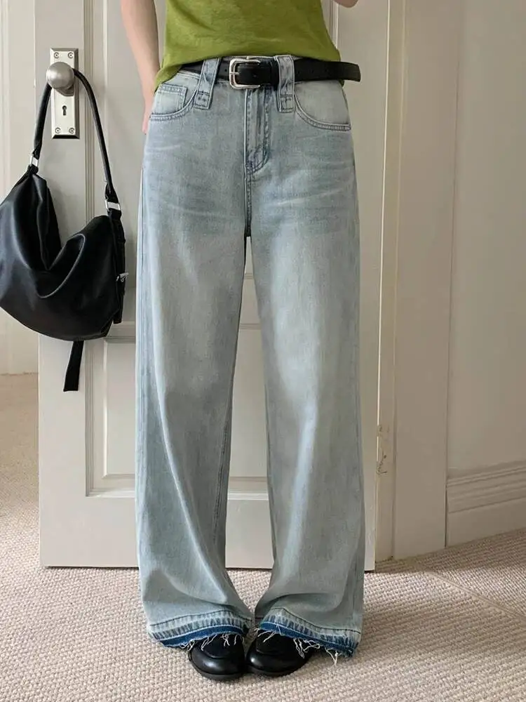 High Waist Blue Color-block Burr Long Denim Jeans Pants New Trousers Women Fashion Tide Spring Autumn