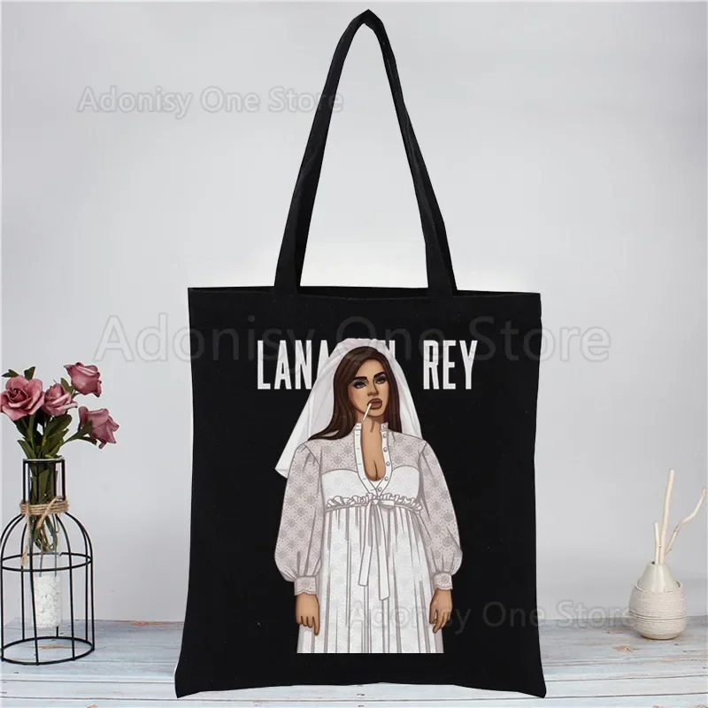 حقائب يد Lana Del Rey سوداء للجنسين حقيبة تسوق قماشية مخصصة مطبوعة للاستخدام اليومي حقيبة تسوق كاجوال للسفر قابلة لإعادة الاستخدام