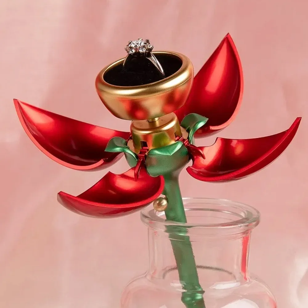 Romantic Rose Shape Rose Flower Ring Boxes Automatically Open Gift Ring Display Holder Jewelry Storage Case
