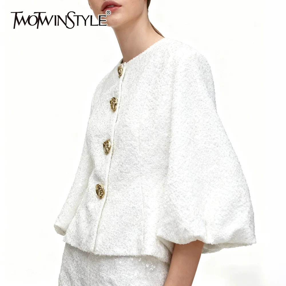 

TWOTWINSTYLE Solid Spliced Buttons T Shirt Female O Neck Lantern Sleeve Intellectual Elegant Women's T Shirts Autumn Fashion New