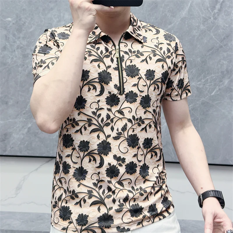 High Quality Floral Polo Shirt for Men Summer Zipper Collar Casual T-shirt Fashion Slim Business Social Streetwear Tee Tops