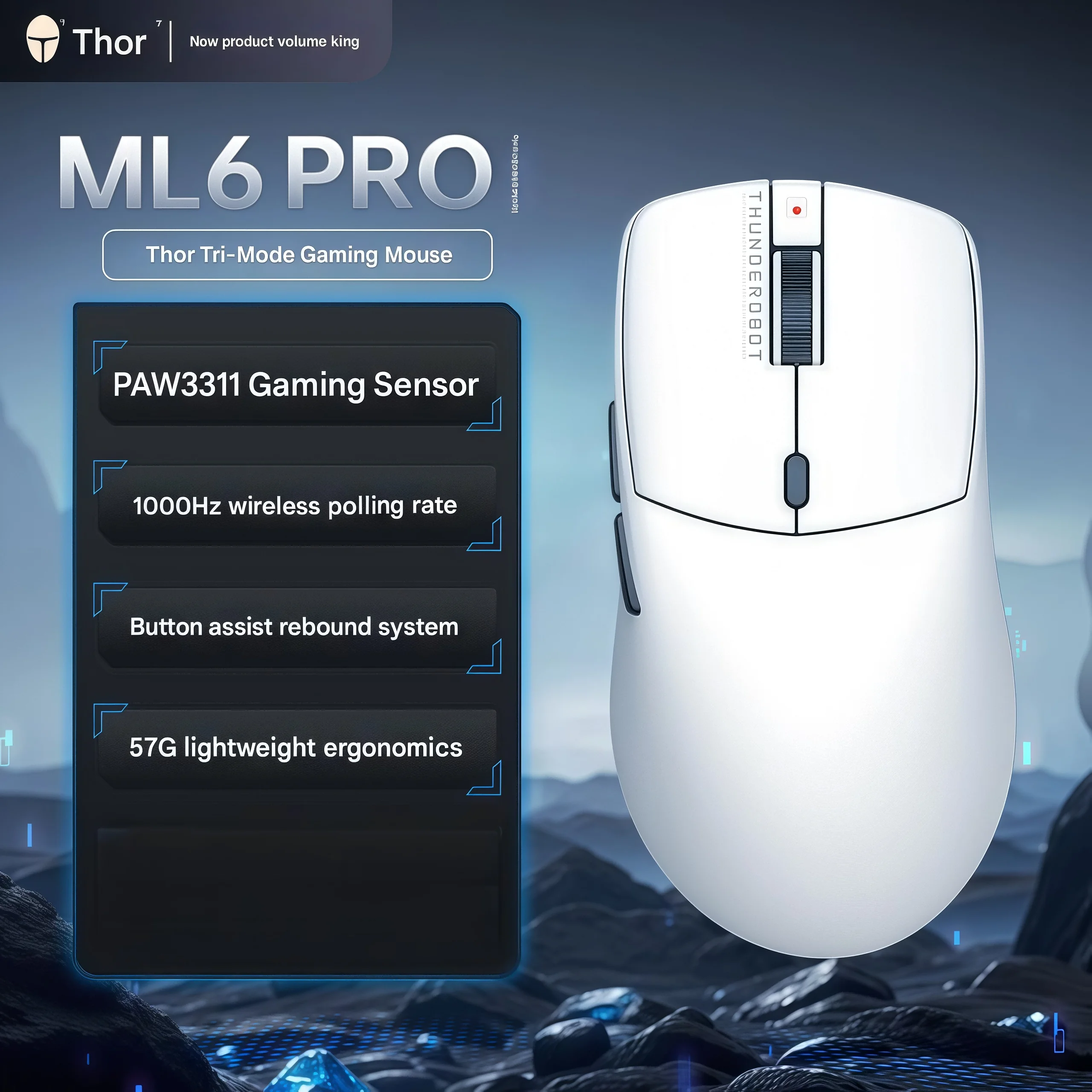 

Thunder ML6 Pro Pure Edition PAW3311 eSports Sensor Tri-Mode Connection Lightweight Wireless Gaming Mouse